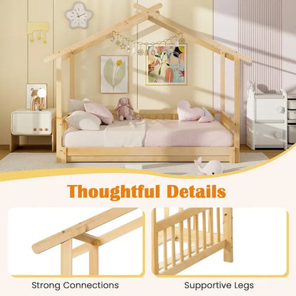 Gymax Wooden House Bed Twin to King Daybed w/ Safety Rails & Decorable