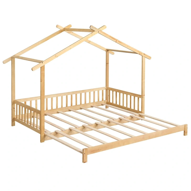 Gymax Wooden House Bed Twin to King Daybed w/ Safety Rails & Decorable