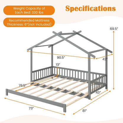 Gymax Wooden House Bed Twin to King Daybed w/ Safety Rails & Decorable