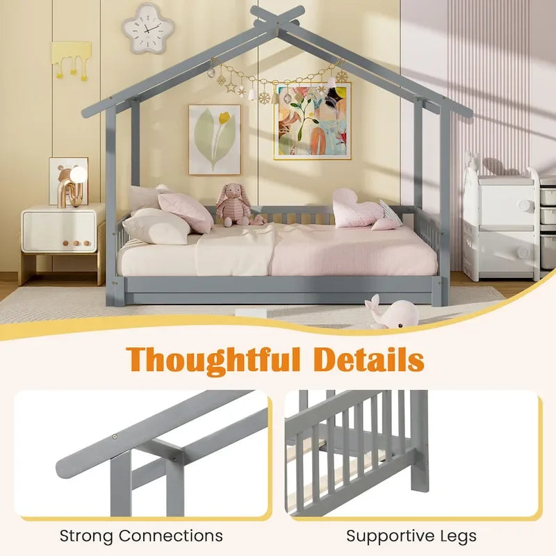 Gymax Wooden House Bed Twin to King Daybed w/ Safety Rails & Decorable