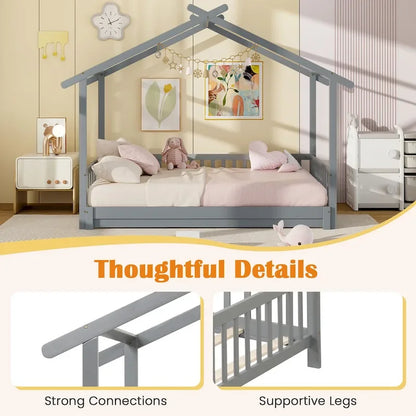 Gymax Wooden House Bed Twin to King Daybed w/ Safety Rails & Decorable