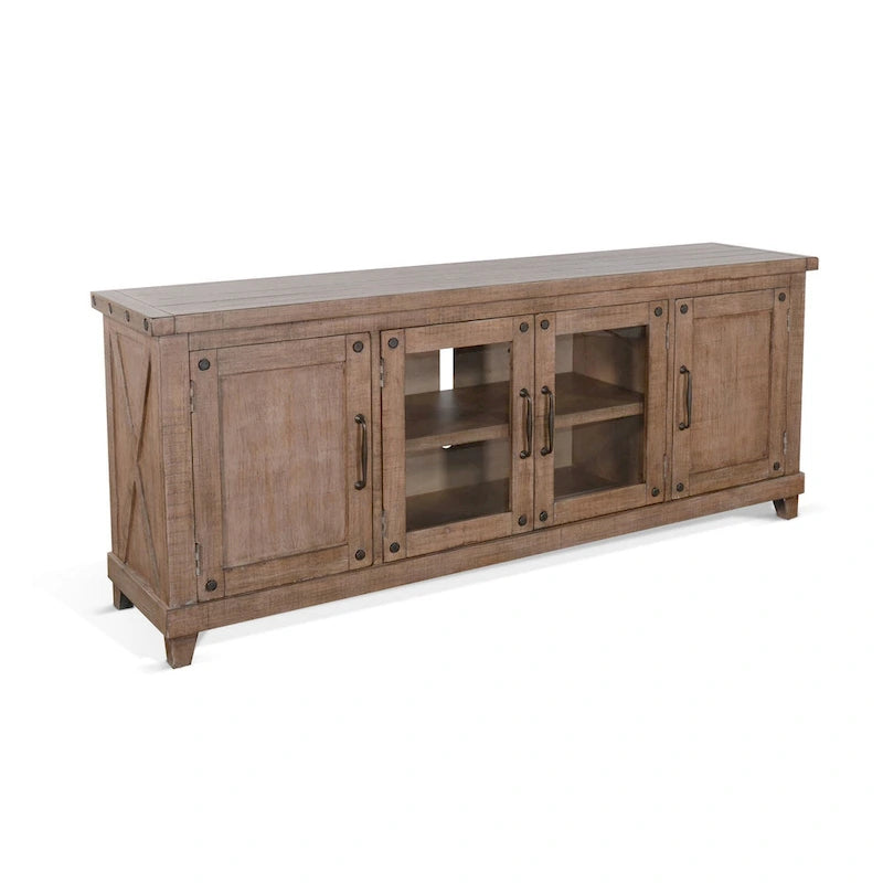 Anva TV Media Console, Shelves, Doors, Light Brown Mahogany, 74 Inch