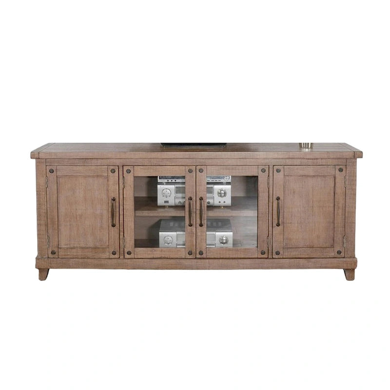 Anva TV Media Console, Shelves, Doors, Light Brown Mahogany, 74 Inch