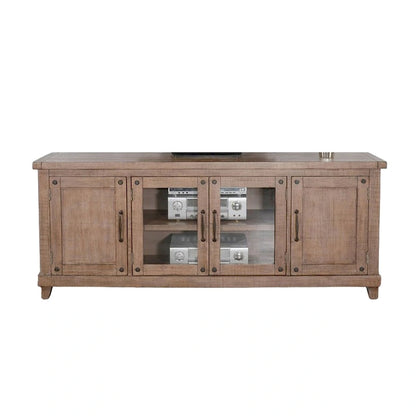 Anva TV Media Console, Shelves, Doors, Light Brown Mahogany, 74 Inch