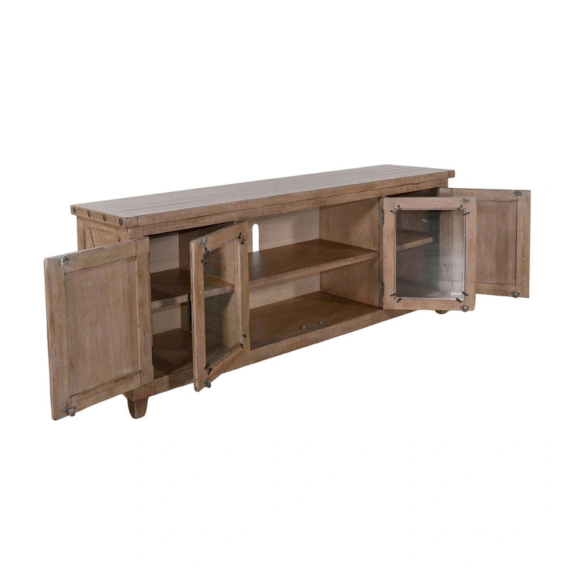 Anva TV Media Console, Shelves, Doors, Light Brown Mahogany, 74 Inch