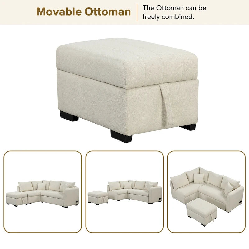 Roomfitters L-Shaped Pull-Out Sleeper Sofa with USB Ports, Power Sockets, and Movable Storage Ottoman