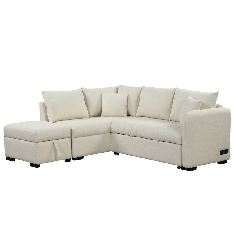 Roomfitters L-Shaped Pull-Out Sleeper Sofa with USB Ports, Power Sockets, and Movable Storage Ottoman
