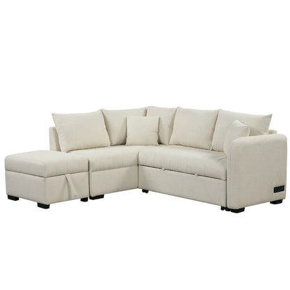 Roomfitters L-Shaped Pull-Out Sleeper Sofa with USB Ports, Power Sockets, and Movable Storage Ottoman