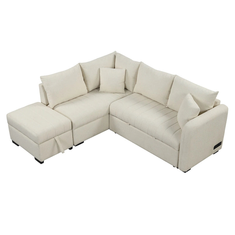 Roomfitters L-Shaped Pull-Out Sleeper Sofa with USB Ports, Power Sockets, and Movable Storage Ottoman
