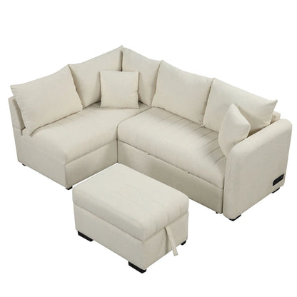 Roomfitters L-Shaped Pull-Out Sleeper Sofa with USB Ports, Power Sockets, and Movable Storage Ottoman