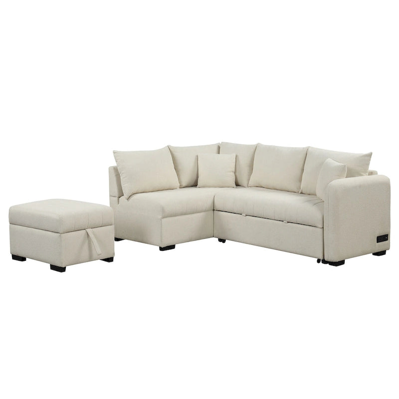 Roomfitters L-Shaped Pull-Out Sleeper Sofa with USB Ports, Power Sockets, and Movable Storage Ottoman