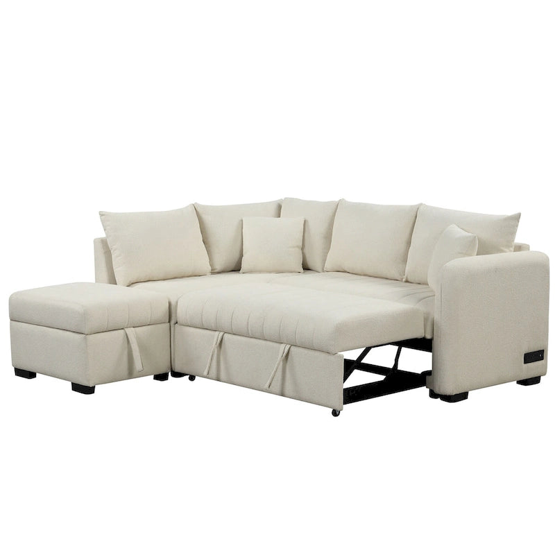 Roomfitters L-Shaped Pull-Out Sleeper Sofa with USB Ports, Power Sockets, and Movable Storage Ottoman