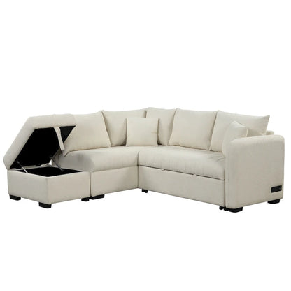 Roomfitters L-Shaped Pull-Out Sleeper Sofa with USB Ports, Power Sockets, and Movable Storage Ottoman