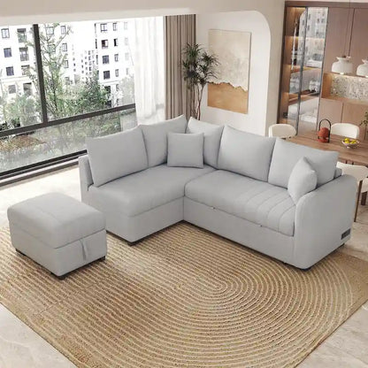 Roomfitters L-Shaped Pull-Out Sleeper Sofa with USB Ports, Power Sockets, and Movable Storage Ottoman