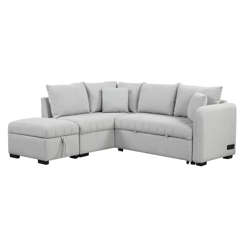 Roomfitters L-Shaped Pull-Out Sleeper Sofa with USB Ports, Power Sockets, and Movable Storage Ottoman