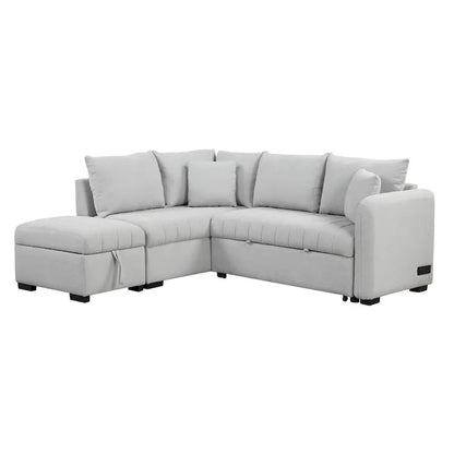 Roomfitters L-Shaped Pull-Out Sleeper Sofa with USB Ports, Power Sockets, and Movable Storage Ottoman