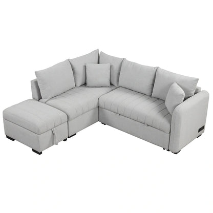 Roomfitters L-Shaped Pull-Out Sleeper Sofa with USB Ports, Power Sockets, and Movable Storage Ottoman