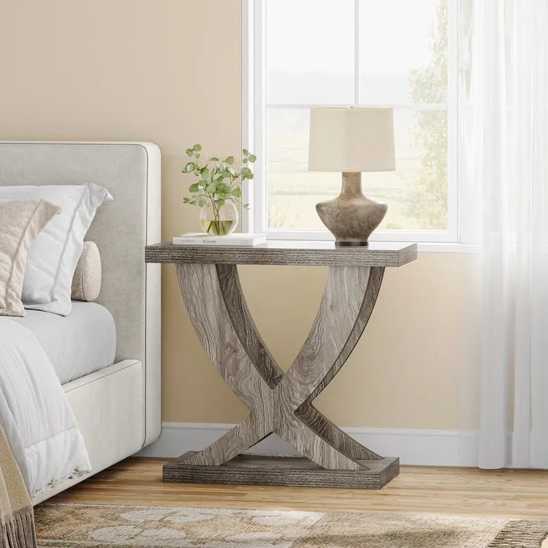 Farmhouse End Table, Narrow Side Table with Fishtail Support Design for Living Room, Study, Brown