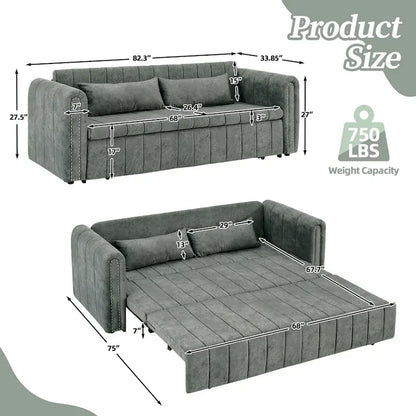 Velvet Upholstered Modern Convertible Sleeper Lounge Sofa Bed with Rolled Arms Decorated with Copper Nails