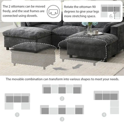 U Shaped Modular Sectional Sofa with Storage Pockets, Pillows, Ottoman