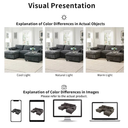 U Shaped Modular Sectional Sofa with Storage Pockets, Pillows, Ottoman