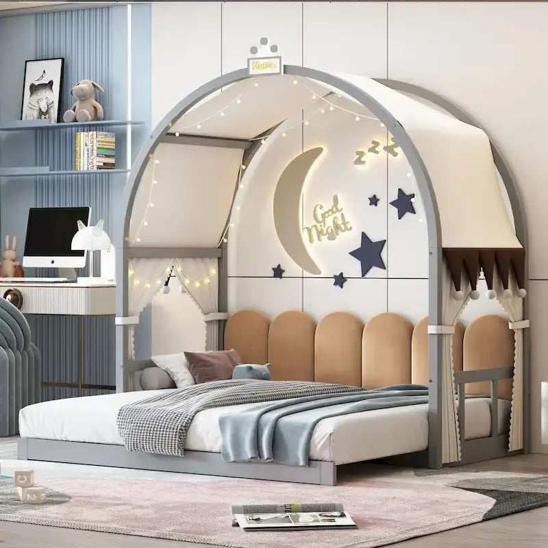 Gray Twin Size Bed with Arched Roof and Trundle