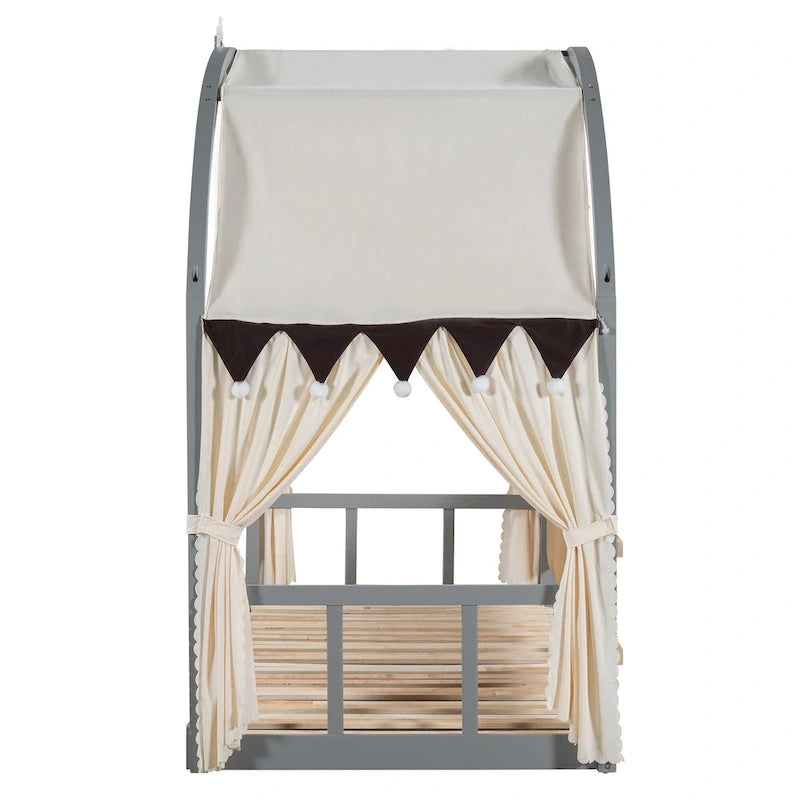 Gray Twin Size Bed with Arched Roof and Trundle