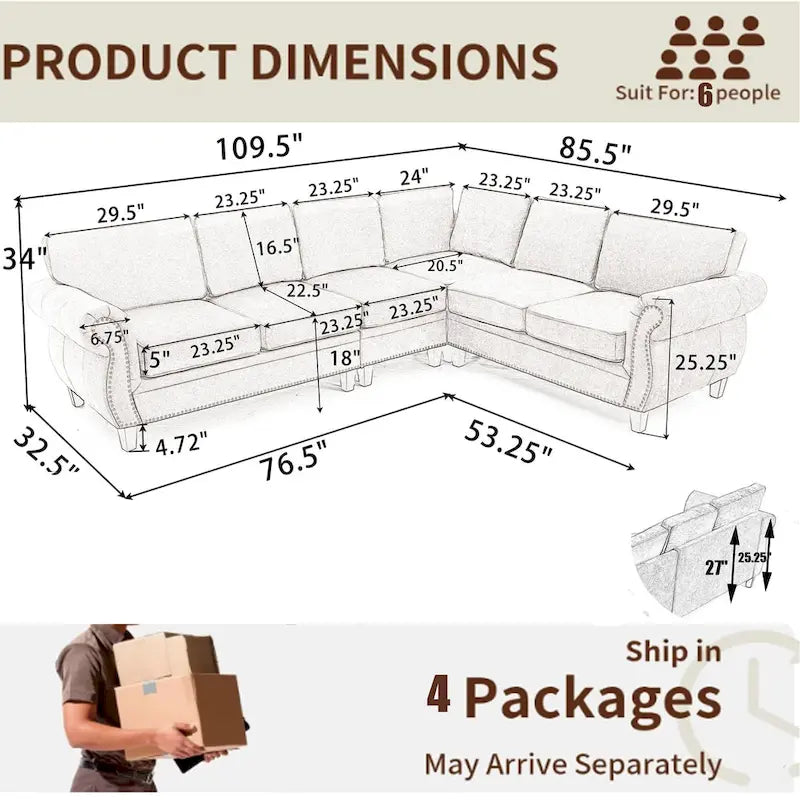 109.5 Chenille 6-Seater L-Shaped Sectional Sofa with Rivets Decorated Rolled Armrests,Cushions, and Wood Frame