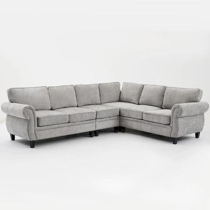 109.5 Chenille 6-Seater L-Shaped Sectional Sofa with Rivets Decorated Rolled Armrests,Cushions, and Wood Frame