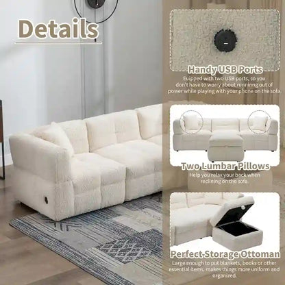87.7 Fabric 4 Seater Sectional Sofa with Movable Ottoman, 2 USB Ports, and 2 Lumbar Pillows, Ideal for Living Room