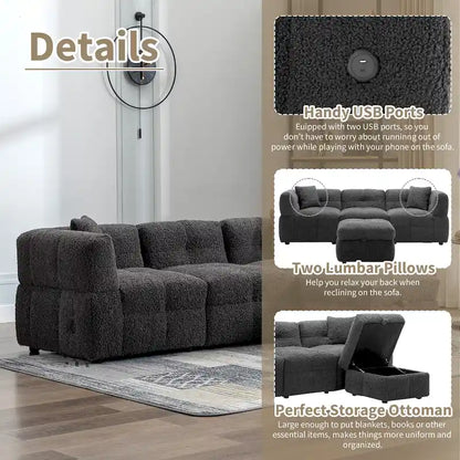 87.7 Fabric 4 Seater Sectional Sofa with Movable Ottoman, 2 USB Ports, and 2 Lumbar Pillows, Ideal for Living Room