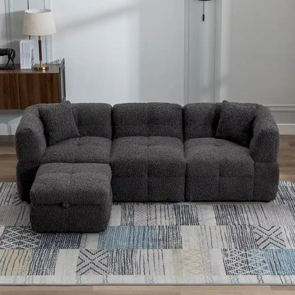 87.7 Fabric 4 Seater Sectional Sofa with Movable Ottoman, 2 USB Ports, and 2 Lumbar Pillows, Ideal for Living Room