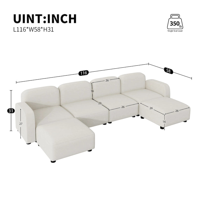 116 Modular U-Shaped Velvet 6-Seat Sectional Sofa with Two Ottomans, Reversible Design for Customizable Living Space