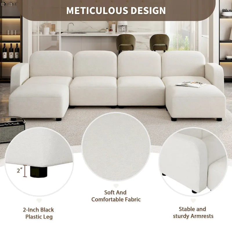 116 Modular U-Shaped Velvet 6-Seat Sectional Sofa with Two Ottomans, Reversible Design for Customizable Living Space