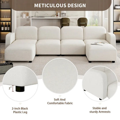 116 Modular U-Shaped Velvet 6-Seat Sectional Sofa with Two Ottomans, Reversible Design for Customizable Living Space