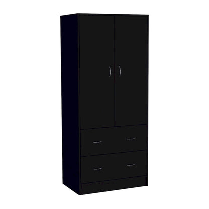 30.9 Modern Double-door Armoire with Two Drawers and Hanging Rod for Bedroom
