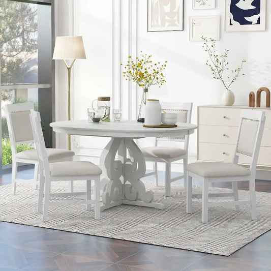 Antique White Retro 5-Piece Wooden Dining Table Set with Extendable Table & 4 Chairs