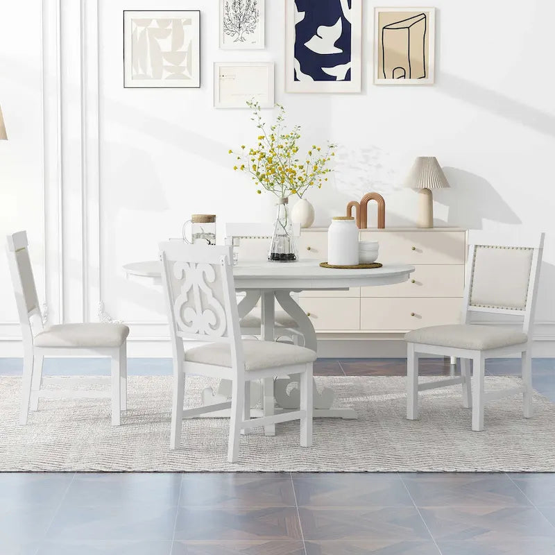 Antique White Retro 5-Piece Wooden Dining Table Set with Extendable Table & 4 Chairs