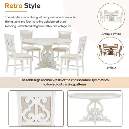 Antique White Retro 5-Piece Wooden Dining Table Set with Extendable Table & 4 Chairs