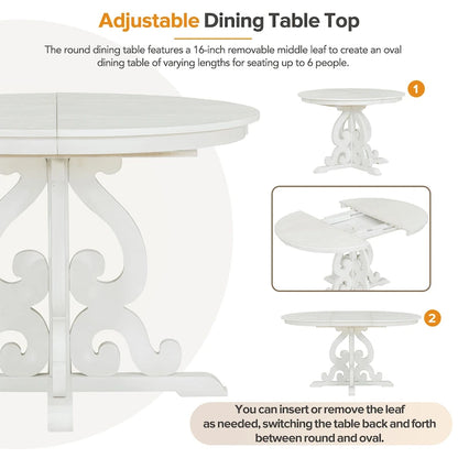 Antique White Retro 5-Piece Wooden Dining Table Set with Extendable Table & 4 Chairs