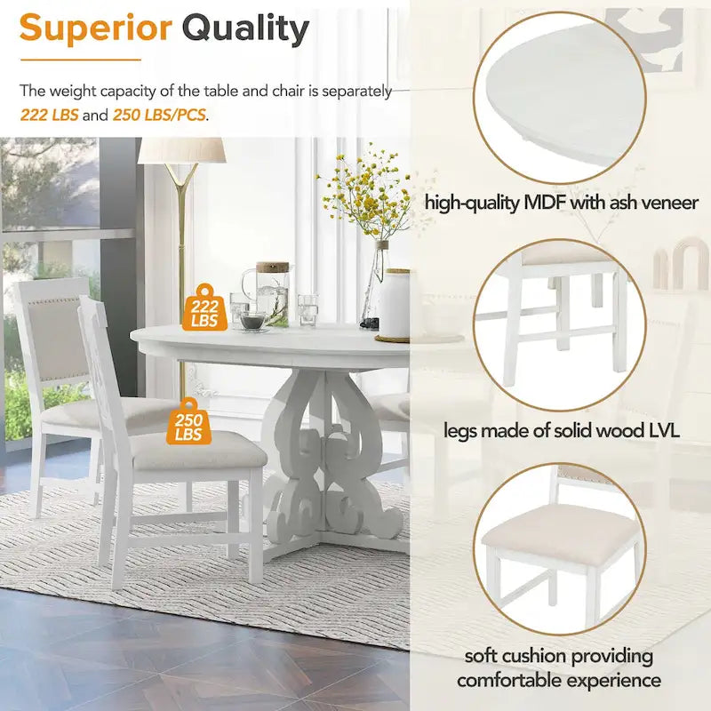 Antique White Retro 5-Piece Wooden Dining Table Set with Extendable Table & 4 Chairs