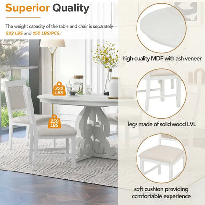 Antique White Retro 5-Piece Wooden Dining Table Set with Extendable Table & 4 Chairs