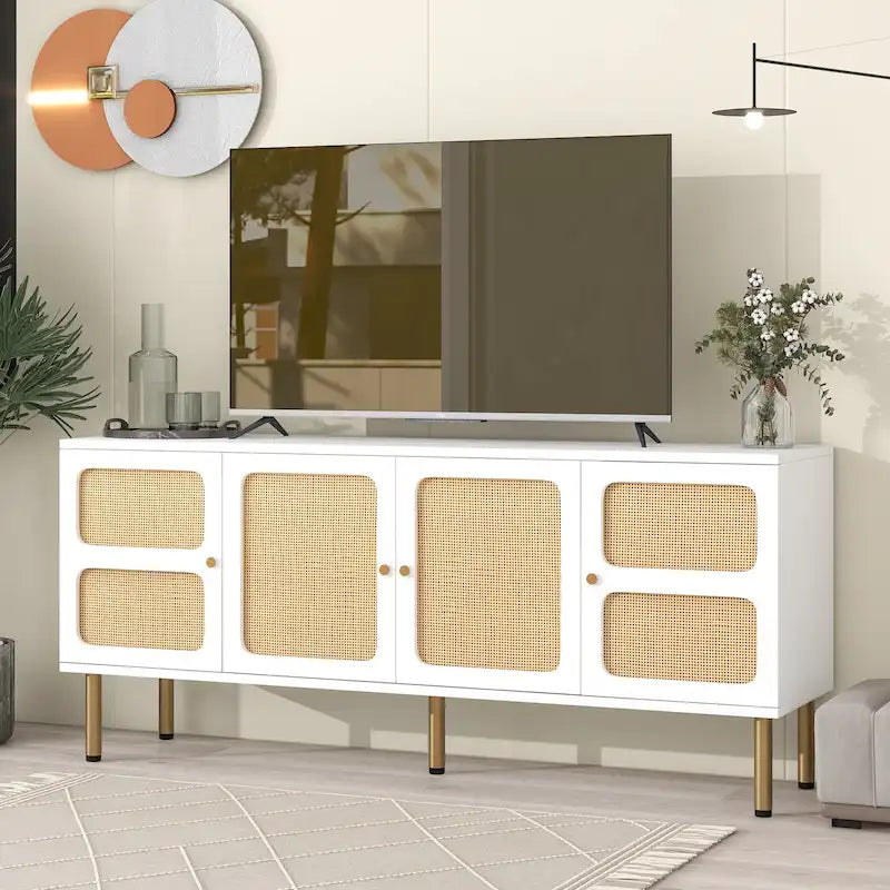 Boho Country Style Wood Rattan TV Stand Media Console Storage Cabinet - 16.90 x 64.90 x 28.30