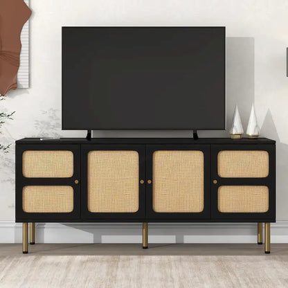 Boho Country Style Wood Rattan TV Stand Media Console Storage Cabinet - 16.90 x 64.90 x 28.30