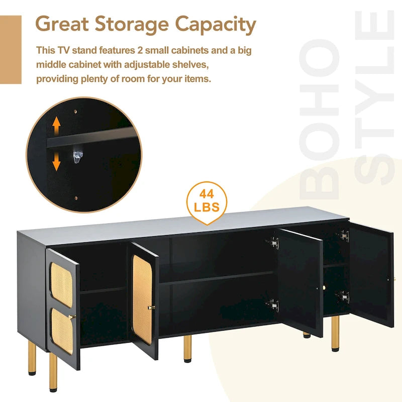 Boho Country Style Wood Rattan TV Stand Media Console Storage Cabinet - 16.90 x 64.90 x 28.30