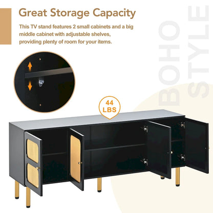 Boho Country Style Wood Rattan TV Stand Media Console Storage Cabinet - 16.90 x 64.90 x 28.30