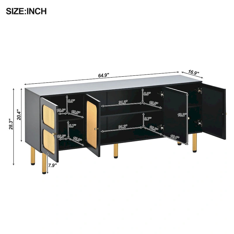 Boho Country Style Wood Rattan TV Stand Media Console Storage Cabinet - 16.90 x 64.90 x 28.30