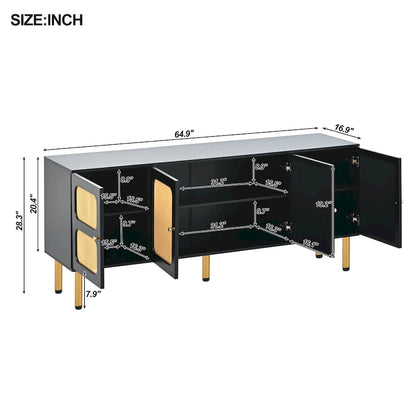 Boho Country Style Wood Rattan TV Stand Media Console Storage Cabinet - 16.90 x 64.90 x 28.30