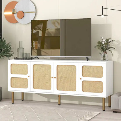 Boho Country Style Wood Rattan TV Stand Media Console Storage Cabinet - 16.90 x 64.90 x 28.30
