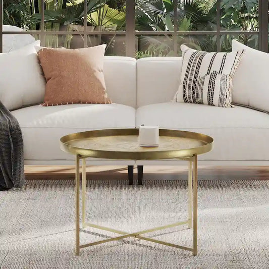 Eros Antique Brass-Finish Etched Floral Tray-Top Accent Table by East at Main